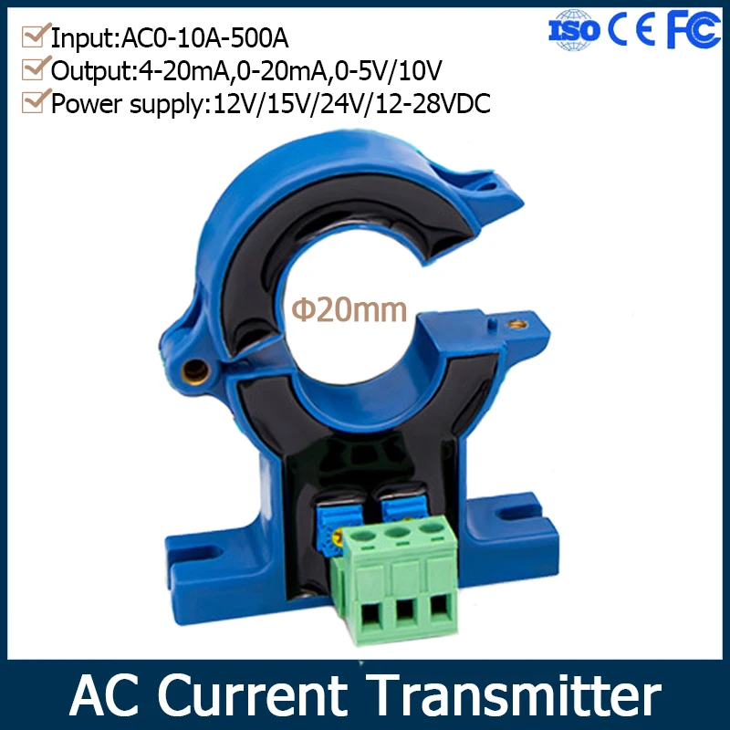 Hall Current Transmitter AC0-10A-500A Current Transformer 4-20mA 0-20mA 0-5V 10V Output Open-Close Perforate Current Transmitter