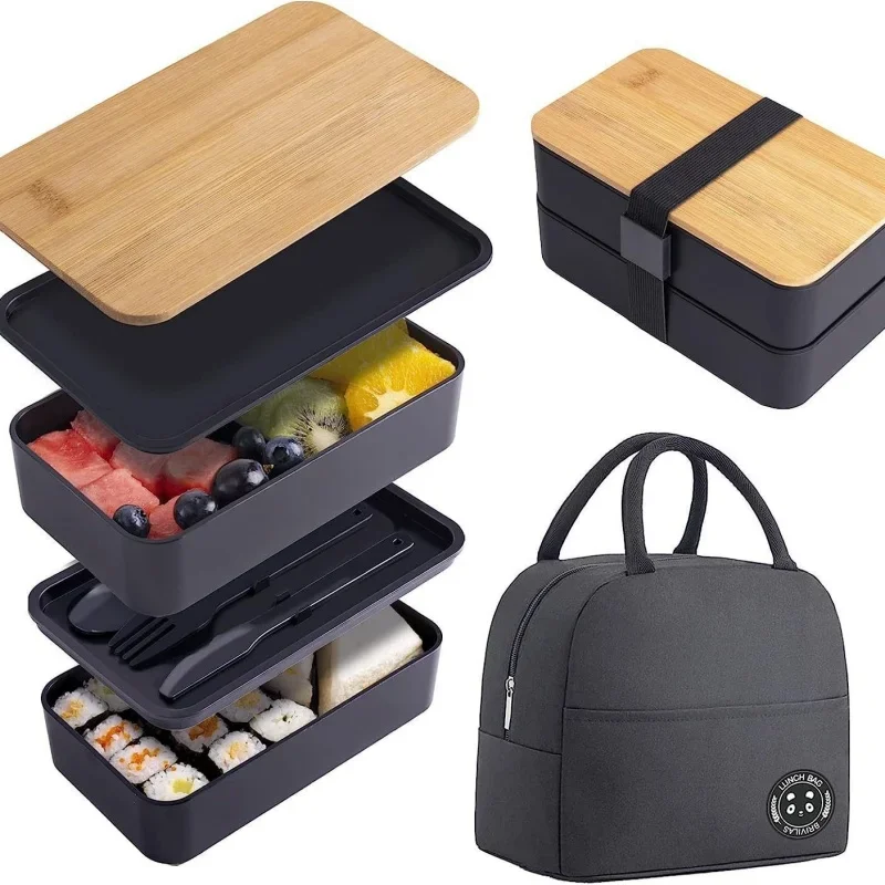 Scatola per il pranzo divisa con copertura in legno contenitore per alimenti per microonde all\'aperto portatile Bento Box in legno giapponese a