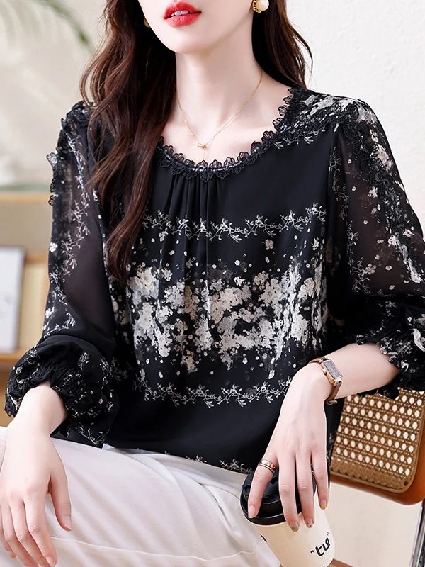 التخسيس الدانتيل طباعة هملين irt للنساء Ele خمر ربيع الخريف جديد Sle الأزهار منقوشة طويلة Sve جولة Ne أعلى