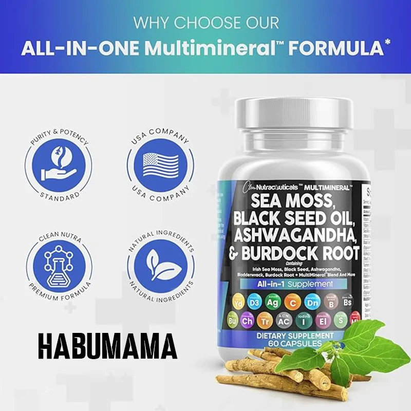 Sea Moss Black Seed Oil 2000mg Ashwagandha 1000mg Turmeric 1000mg Bladderwrack 1000mg Burdock & Vitamin C & D3 Men Supplement