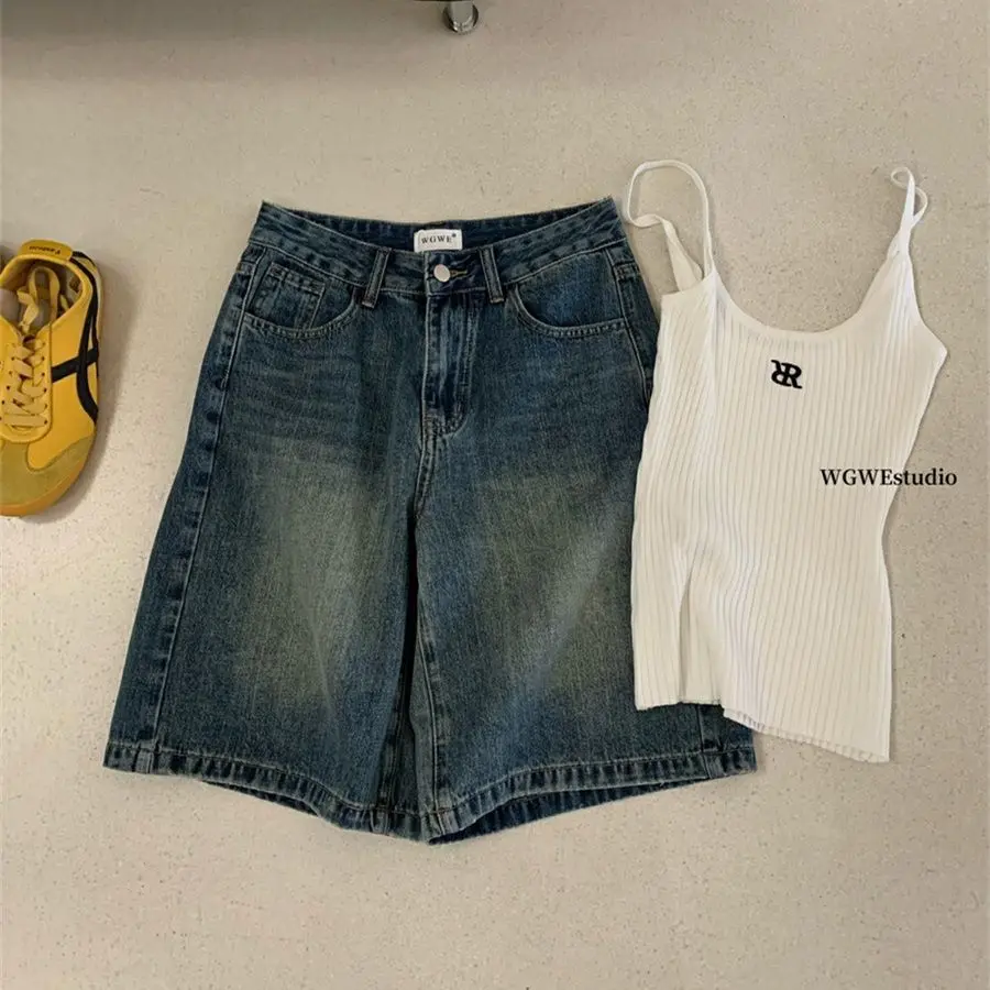 

High Waist Wide Leg Mid-Length Jeans Women's Loose Fit Retro Blue Casual Outerwear Denim Five-Quarter Pants Summer Commute Sle