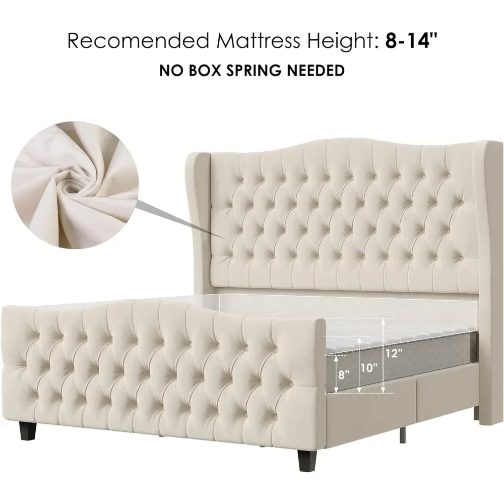 King Bed Frame with Velvet Upholstered Deep Button Tufted Wingback Headboard and Footboard, No Box Spring Needed, King Bed Frame image 6