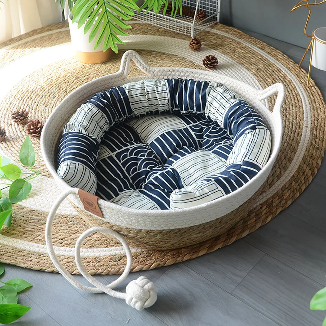 Cat Bed House Dog Kennel Rattan Straw Plaited Kitten Cushion Basket Tent Scratching Board Ball Puppy Nest Mat Indoor Pet Supply