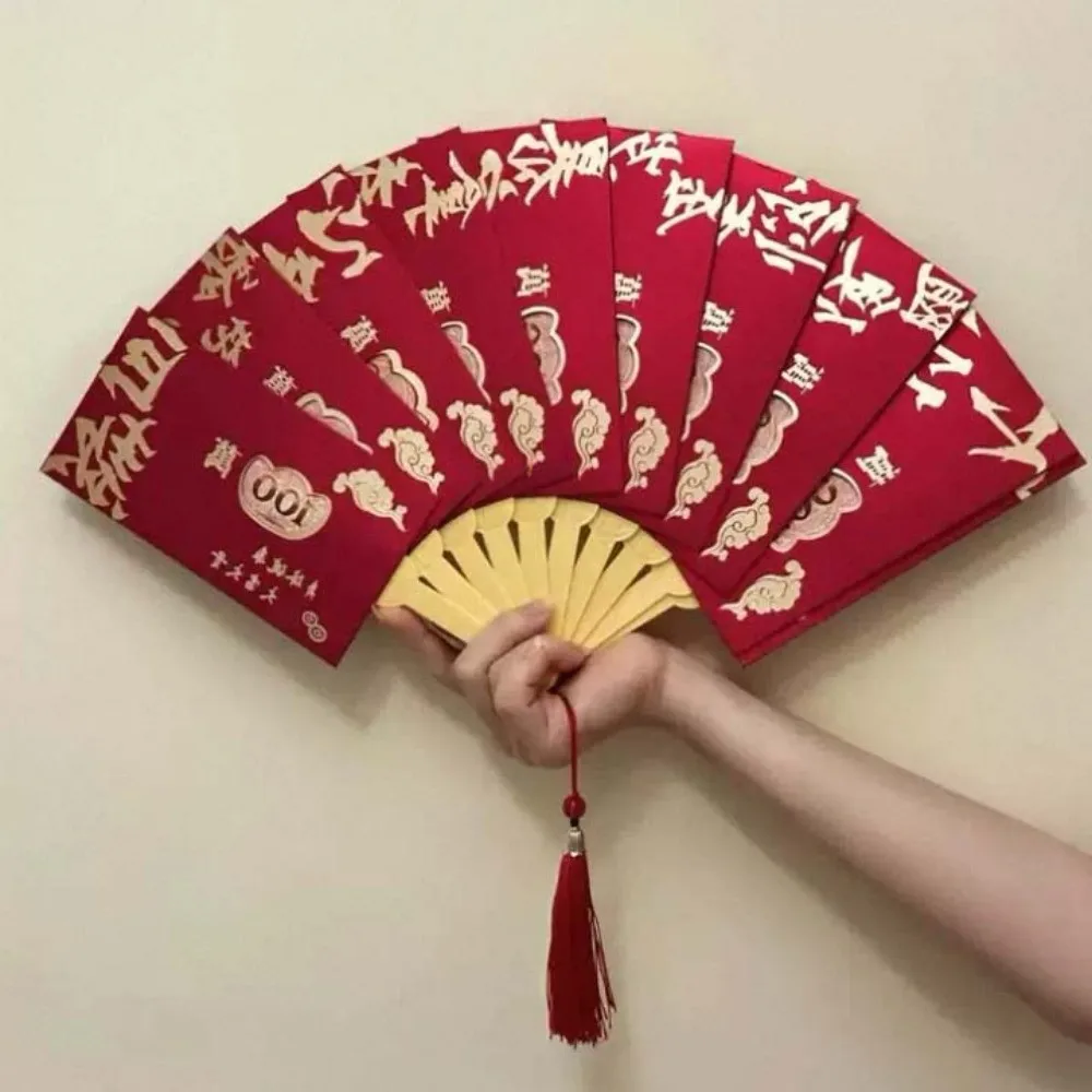 

Traditional Fan Design Red Envelope Frosted 6/8/10 Cards Spring Festival Red Wallet Thickened Hollow God of Wealth Red Pocket