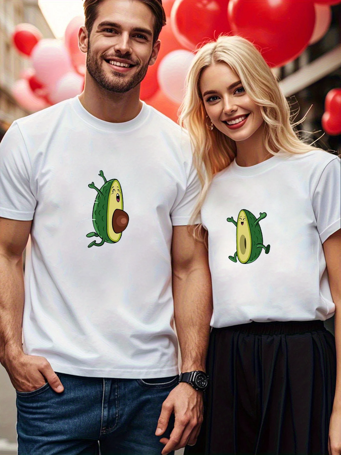 

1pcs， Super cute avocado pattern printed couple round neck short sleeved T-shirt, Valentine's Day gift, couple top