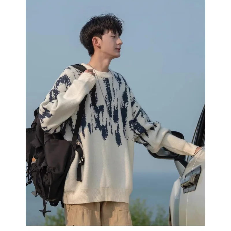 American Style Cool Lazy Style Loose Knitted Top Autumn Winter New Arrival Fashion Temperament Tie Dye Sweater Men