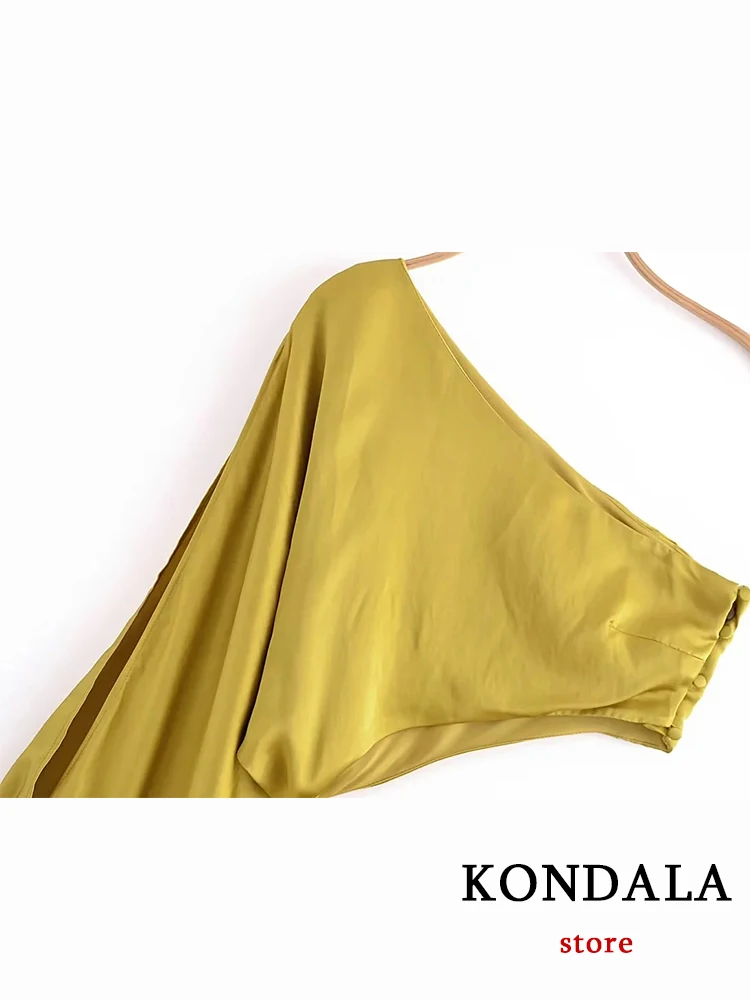 KONDALA Chic Solid Yellow Silk Luxury Single Sleeve Diagonal Collar Bare-midriff Pleated Women Dress Long Night Party Vestido