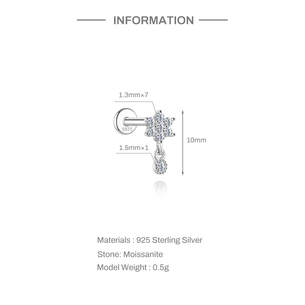 Aide 925 Sterling Silver Moissanite Cartilage Stud Earrings 12Pcs Mixed Flower/Heart/Butterfly Piercing for Women Ear Stacking