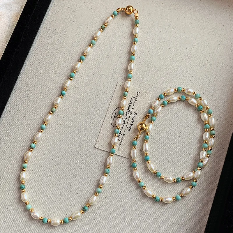 Boho Natural Stone Kallaite Rice Freshwater Pearl Beads Beaded Necklace For Women Gold Plated Magnet Ball Strand Chokers
