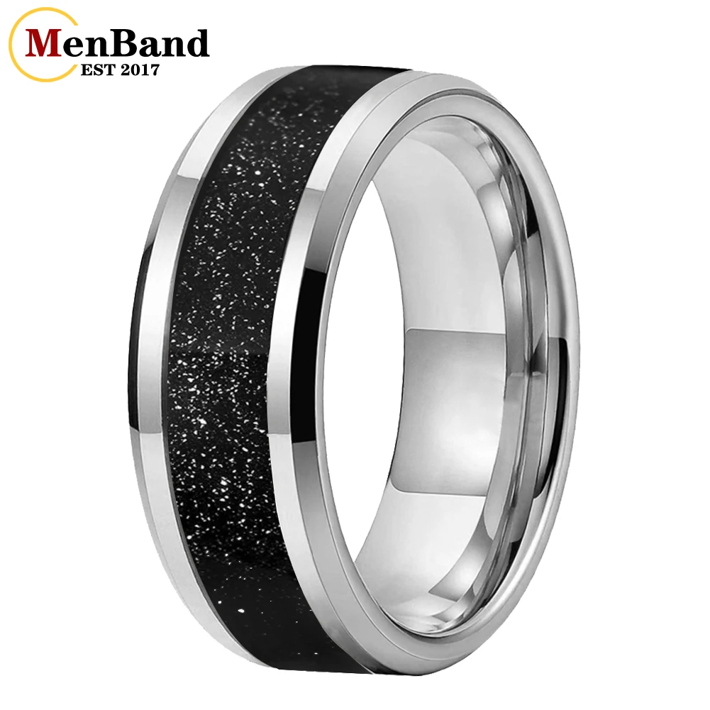 

Мужской браслет 8 мм на заказ, кольцо из карбида вольфрама, галактика, черный песчаник, инкрустация скошенными краями, полированное обручальное кольцо