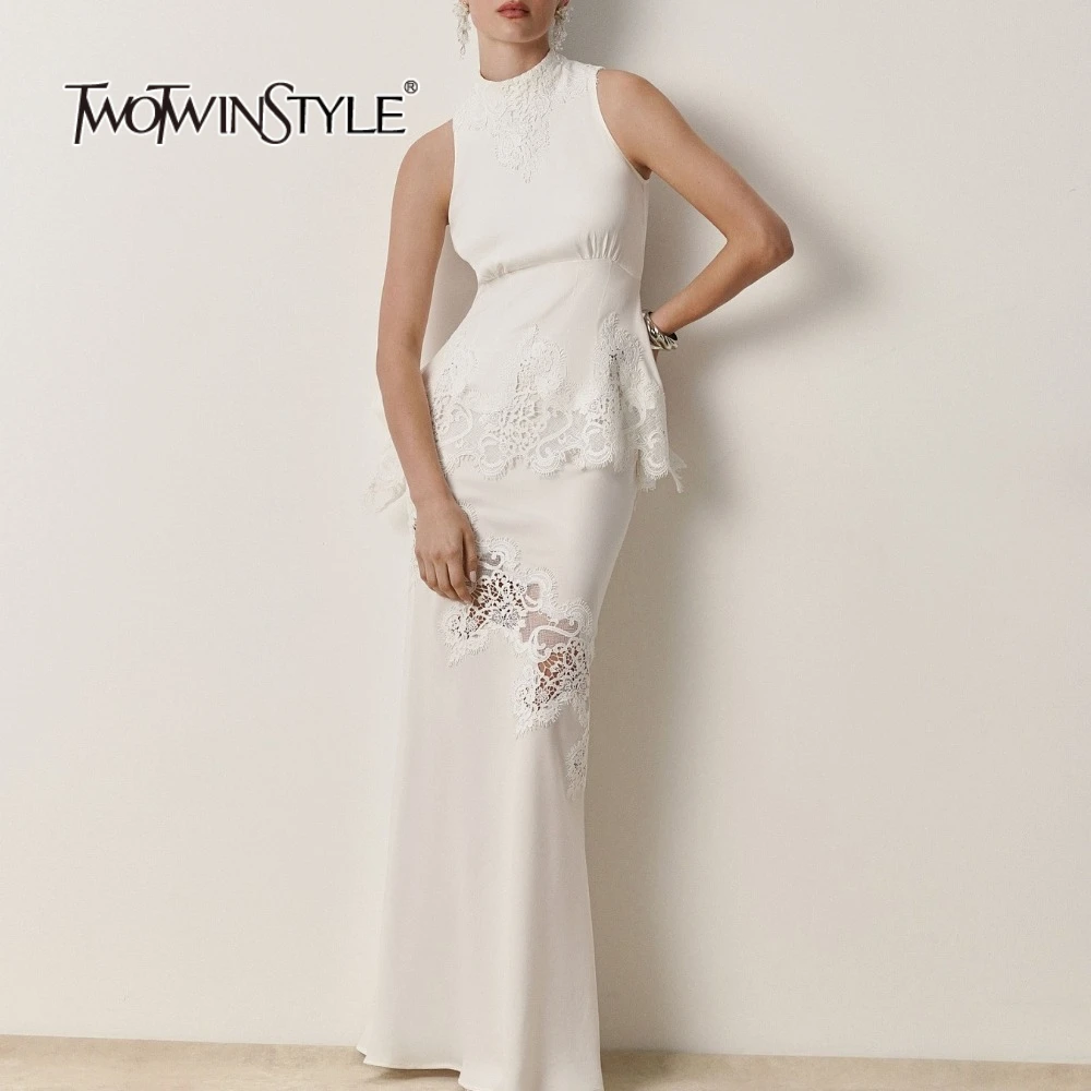 

TWOTWINSTYLE Slimming Hollow Out Spliced Lace Two Piece Sets for Women O Neck Sleeveless Top High Waist Skirt Elegant Set Female