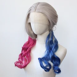 Ombre Grey Synthetic Lace Front Wig Long Straight Half Pink Half Blue Synthetic Wig Pre Plucked Heat Resistant Hair Cosplay Wig