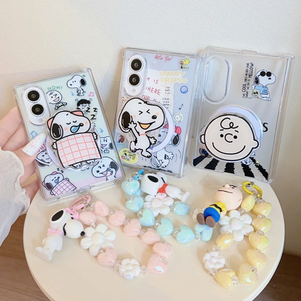 Cute cartoon Snoopy Charlie Brown Magnetic Holder Magsafe Wireless Charge Phone Case For Samsung Galaxy Z Fold 8  Hard Cover