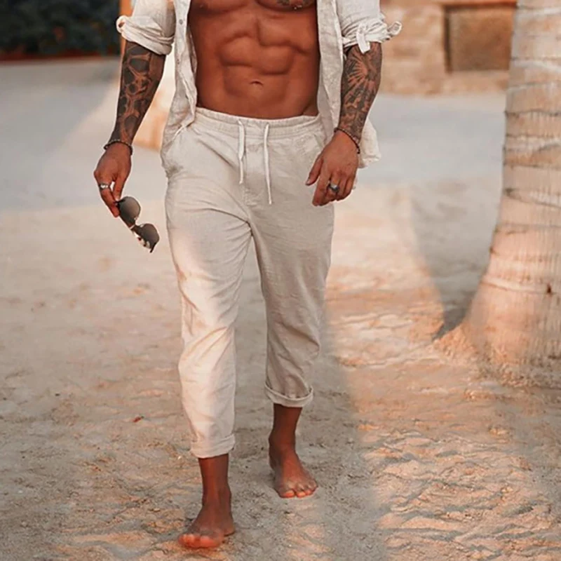 

Men's Cotton Linen Long Pants Summer Solid Color Breathable Linen Trousers Male Casual Elastic Waist Casual Pants Trousers M-3XL