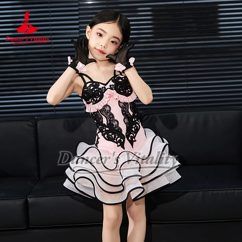 Vestidos de baile latino con dobladillo bouffant y patrón de encaje rosa para niños, traje de práctica sin mangas con tirantes para bailarina, vitalidad, Chacha, Samba