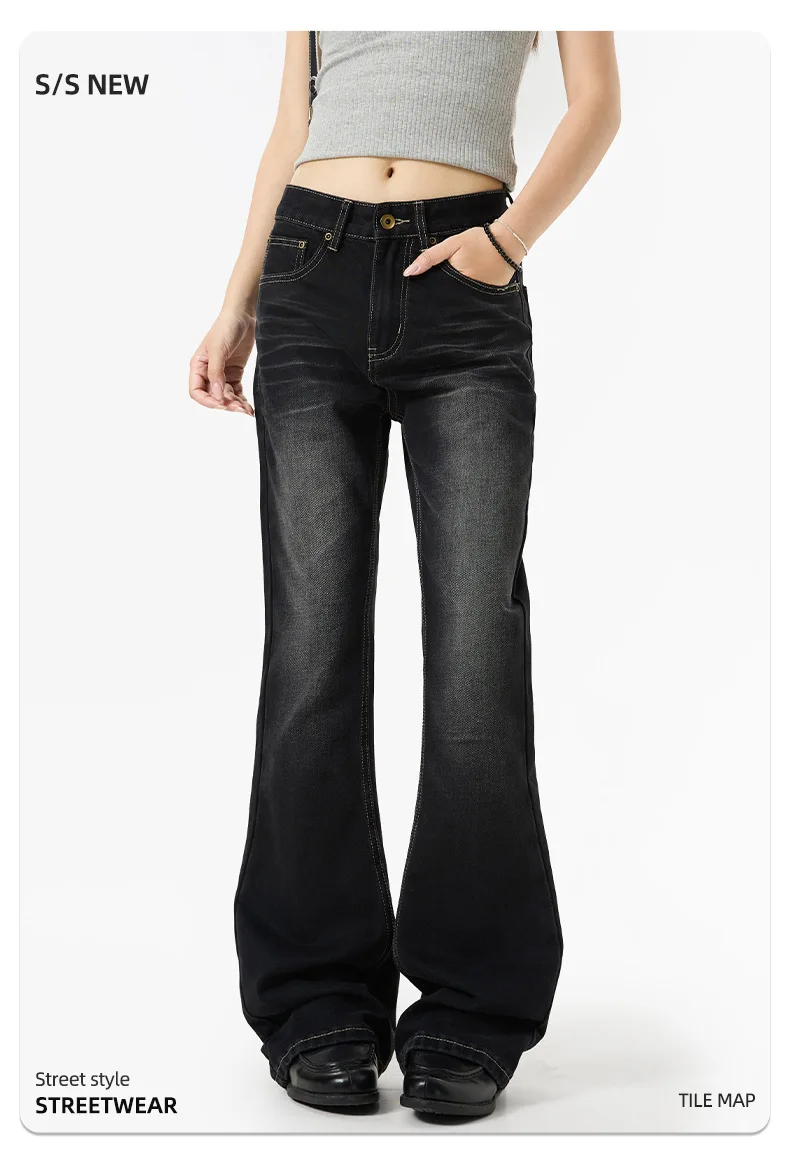 OR FL Women's American Pleats Micro Speaker Jeans Niche Design Sense Retro Cat Whiskers Texture Women Black Trousers Y2k