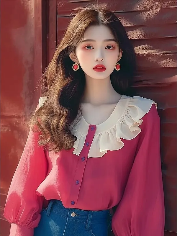 

Unique Summer 2025 Women's Blouse Gentle Korean Sle Pink Chiffon with Lace Sves Long Sve Straight Cut Bubble Sve