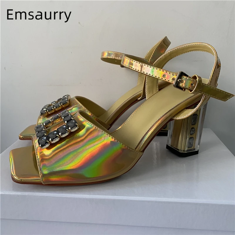 Unique High Heel Ankle Strap Sandals Women Luxury Laser Patent Leather Diamond Square Buckle Summer Shoes