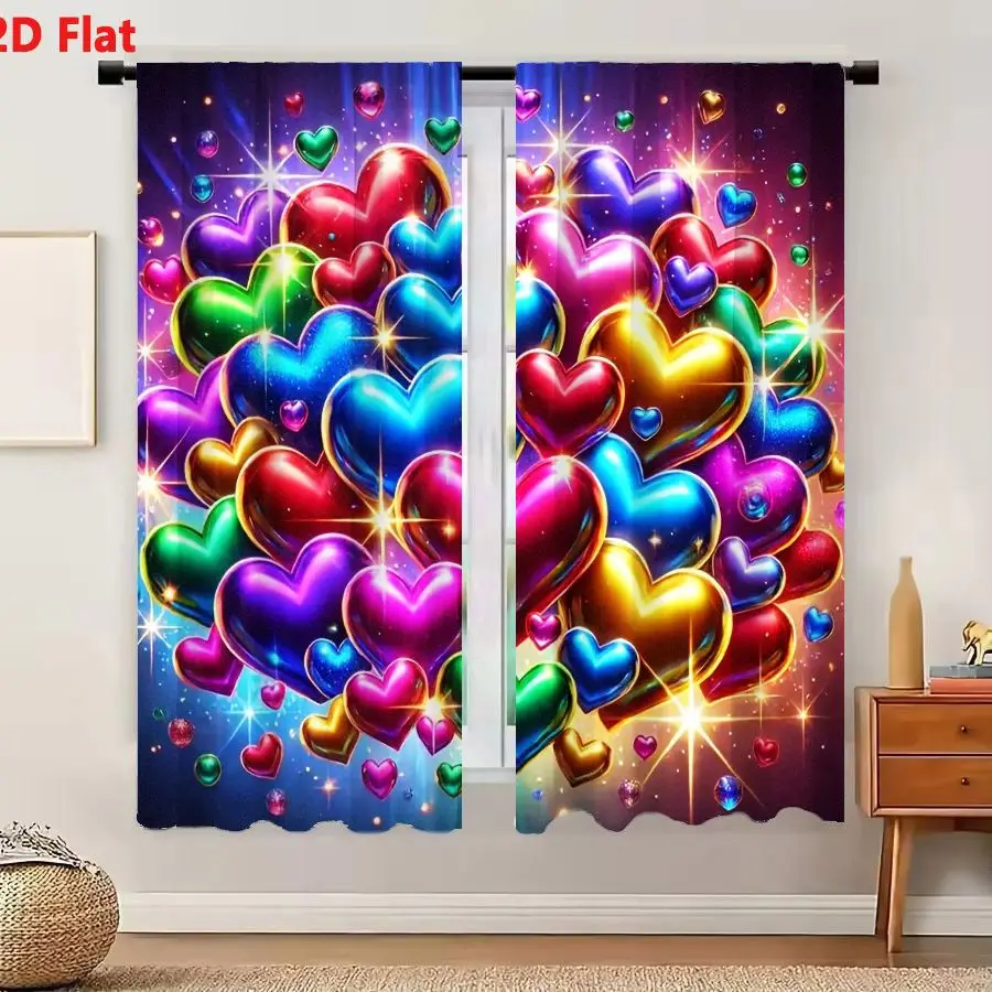2Pcs Curtains 2D Flat Vibrant Metallic Hearts Cluster With Deep Red Electric Blue Royal Purple Emerald Green And Bright Gold On