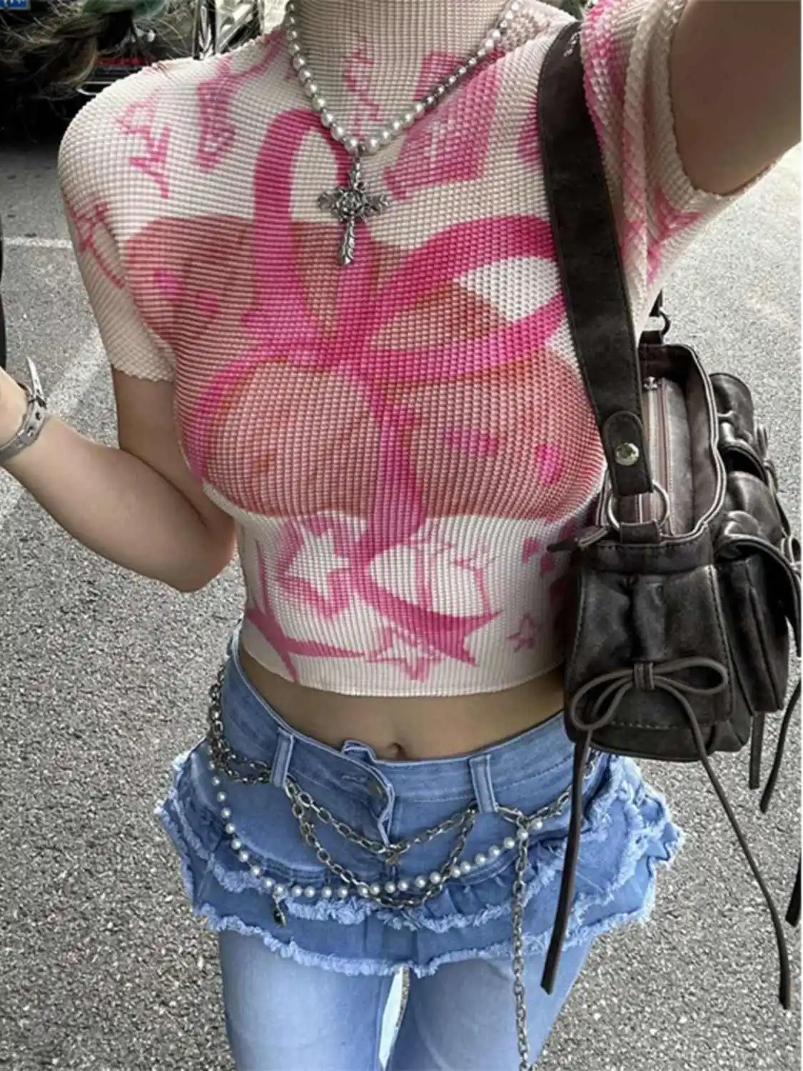 Damskie obcisłe T-shirty z krótkim rękawem, koszulki tie-dye, elastyczne crop topy, Goblin Core, styl coquette z lat 2000, estetyka Gyaru, Kpop, Kawaii, lato