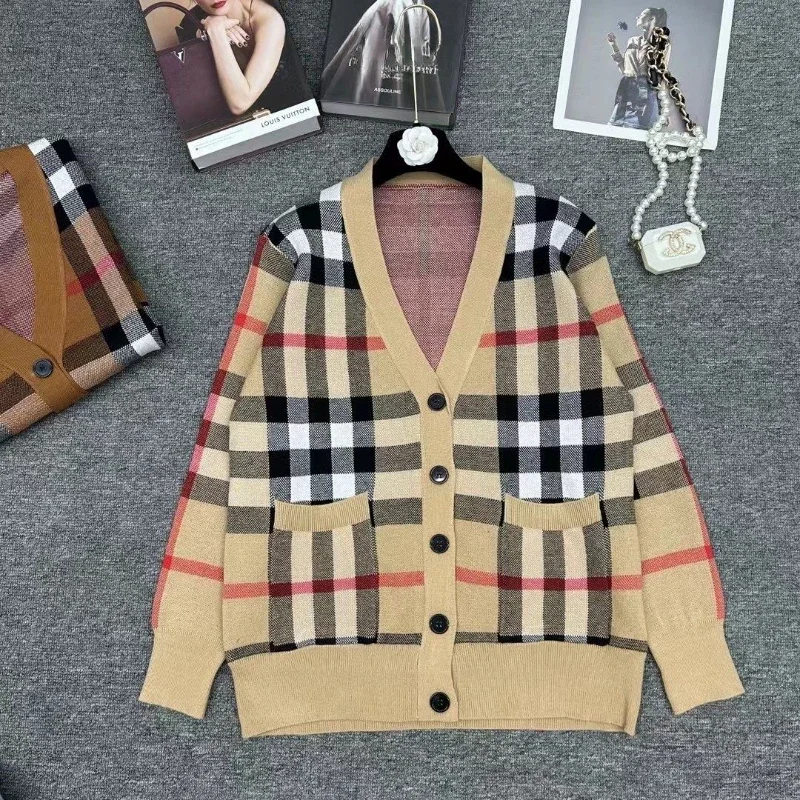 Classic Plaid Cardigan Jacket Sweater Custom Slimming Versatile Trendy Fashionable Warm Top Women\'s Long Sleeved Knitted Sweater