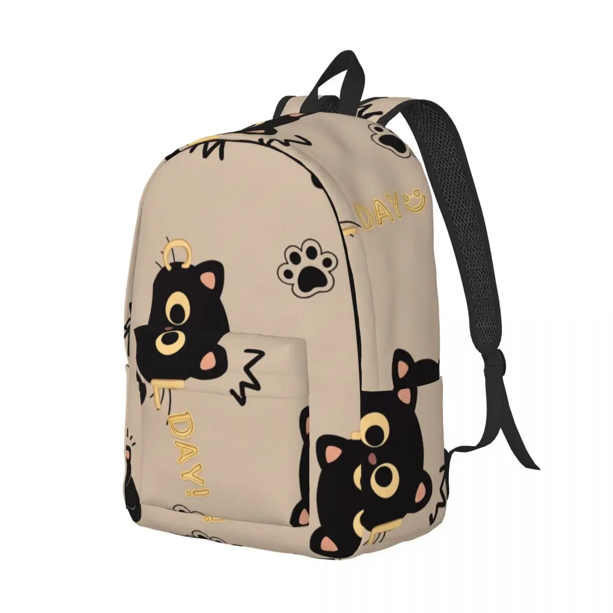 Kawaii School Backpack Tossed Black Cats Whimsical Cute Beige Black Charcoal Edgy Daypack for School Work Weekend Outfit Sweet