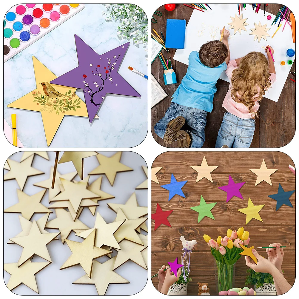 

100Pcs Wooden Five-Pointed Star Decor DIY Unfinished Wood Slices for Painting Craft Graffiti Art Creative Decoration Supply