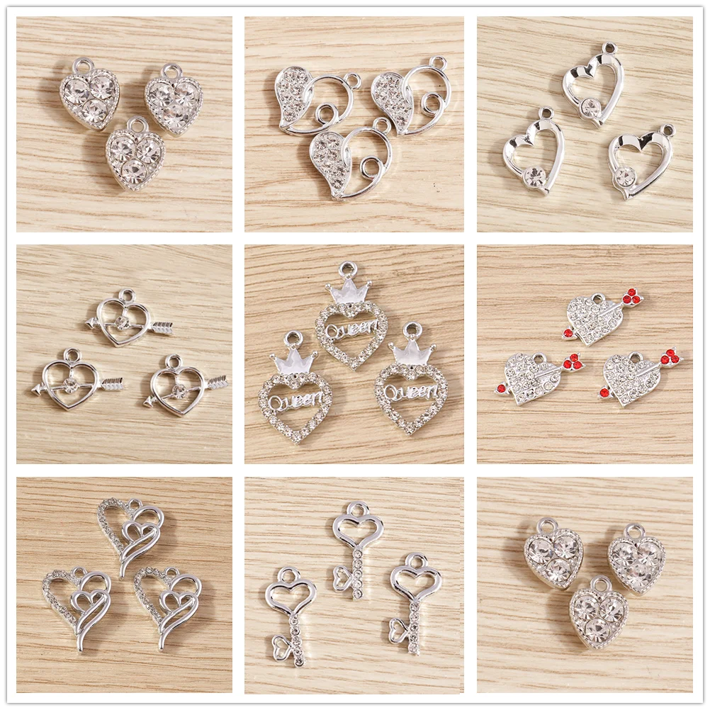 

Tusember 10pcs Exquisite Silver Color Crystal Love Heart Charms for Jewelry Making Fashion Earrings Necklaces DIY Pendants