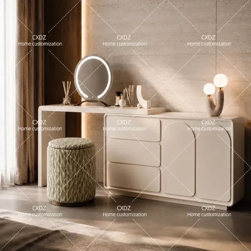 Modern cream style solid wood retractable dressing table, bedroom household French dressing table, chest, integrated storage