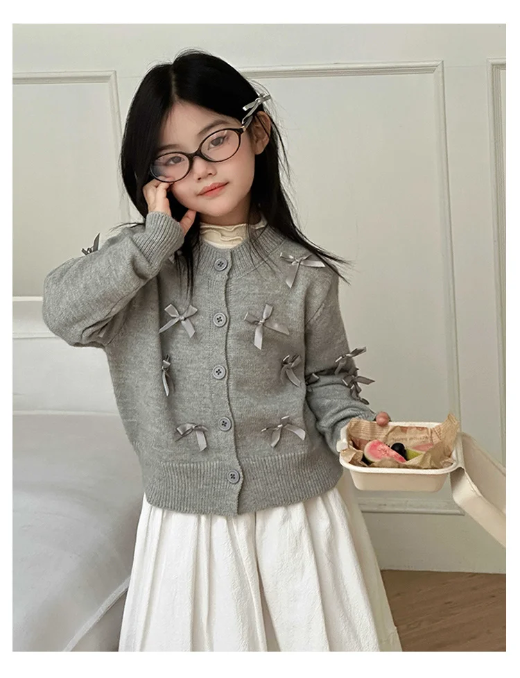 Elegante Schulmädchen-Baumwollpullover in Grau mit Schleifen für Mädchen, Kinder-Strickwaren, Mode für den Herbst, Teenager-Baby-Strickkleidung – Detail 6