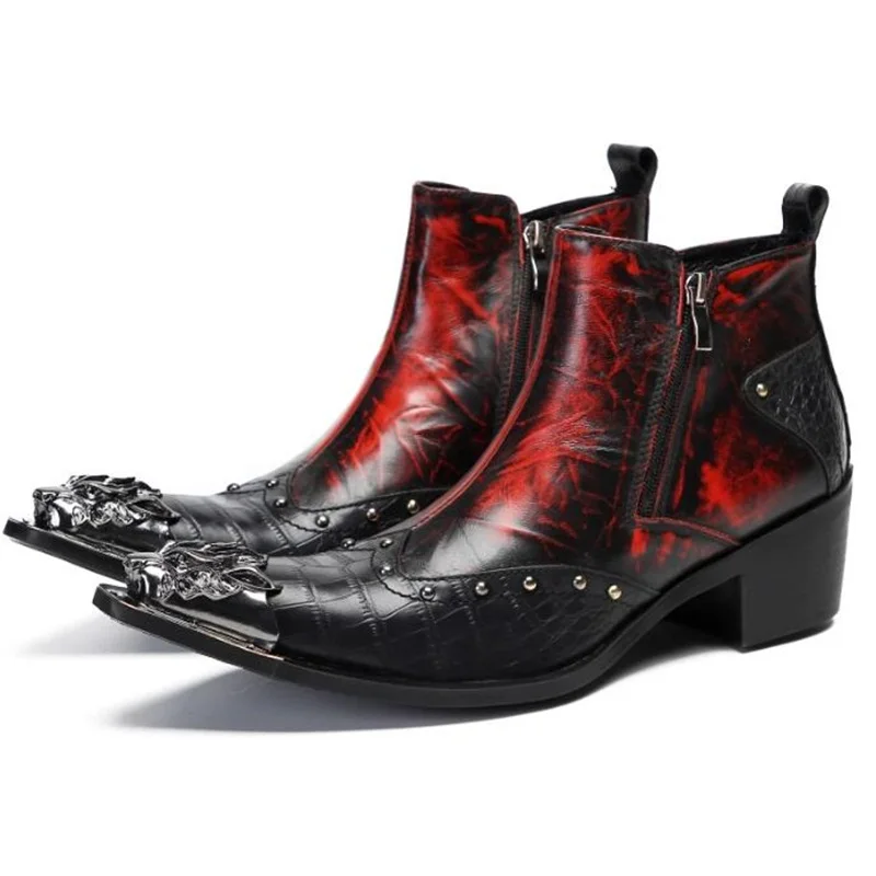 Men's Ankle Boots Metal Toe Zip High Heels Patchwork Boots for Men Stylish Rivet Short Autumn Boots Size48 Mixed Leather Studded