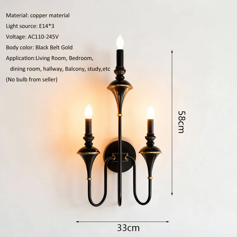 Living room wall lights American TV background wall villa dining room French lamp bedroom all copper light luxury candle lamp