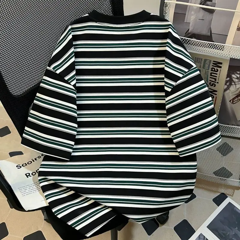 Yellow Striped TShirt Men Women 2026 Summer New Casual Loose Streetwear Couple Short Sleeve Top Oversized Heavyweight Cotton Tee