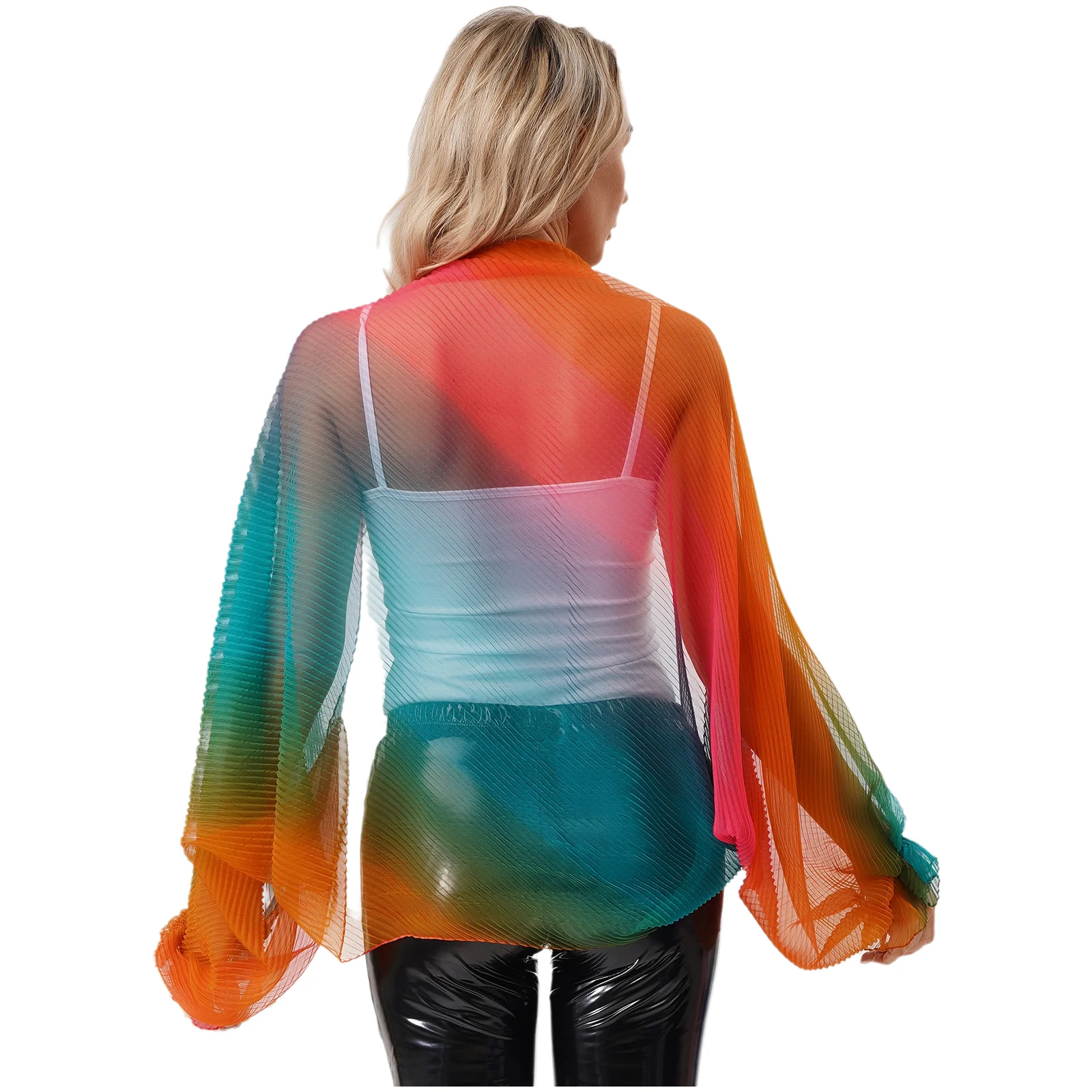 Womens Gradient Rainbow Color Shrug Shawls Ruffled Long Sleeve Open Front Pleated Cardigan Bolero Sun Protection Cover Up Scarf