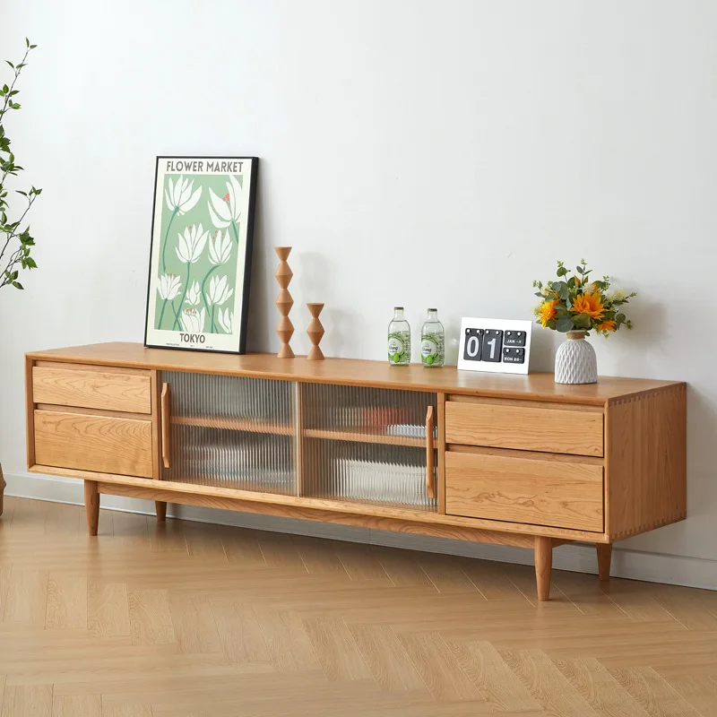 Cherry wood TV cabinet living room solid wood floor cabinet locker Changhong glass sliding door cabinet