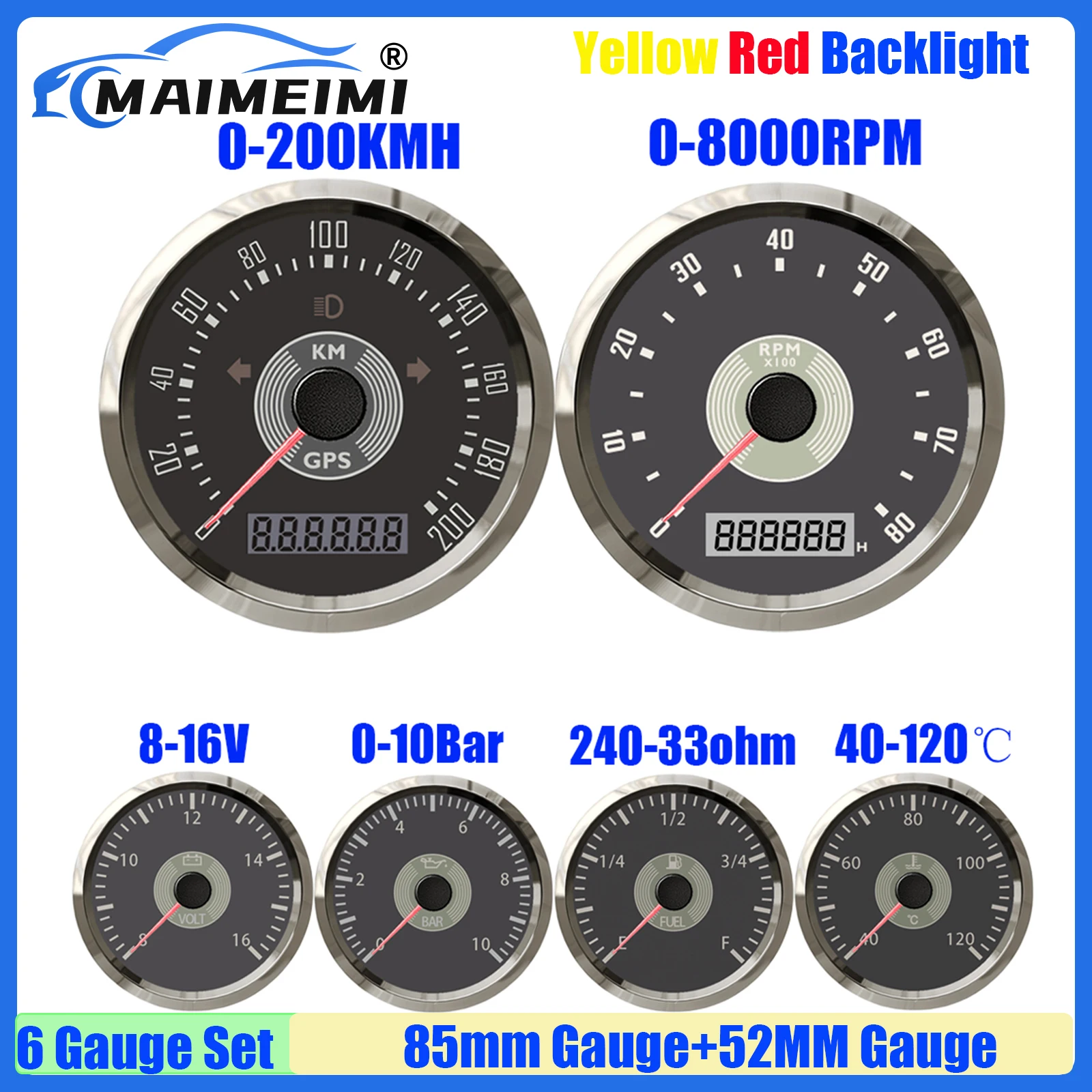 

Комплект из 6 приборов MAIMEIMI: GPS-спидометр 85 мм, тахометр 52 мм, датчики температуры воды, давления масла, уровня топлива, напряжения с красной и желтой подсветкой