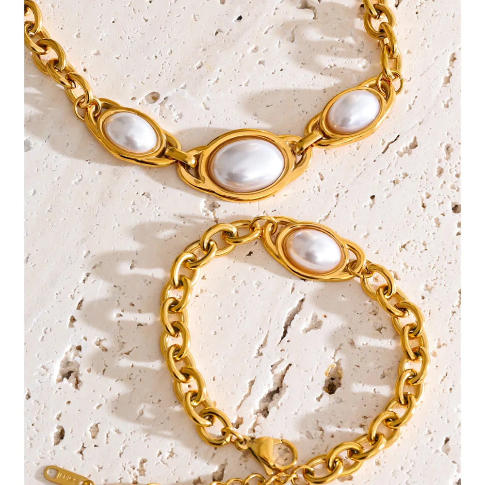 Yhpup Vintage Simulated Pearls Chain Necklace Bracelet Bangle Set 18K Golden Plated Chic New Jewelry Bijoux for Women Waterproof