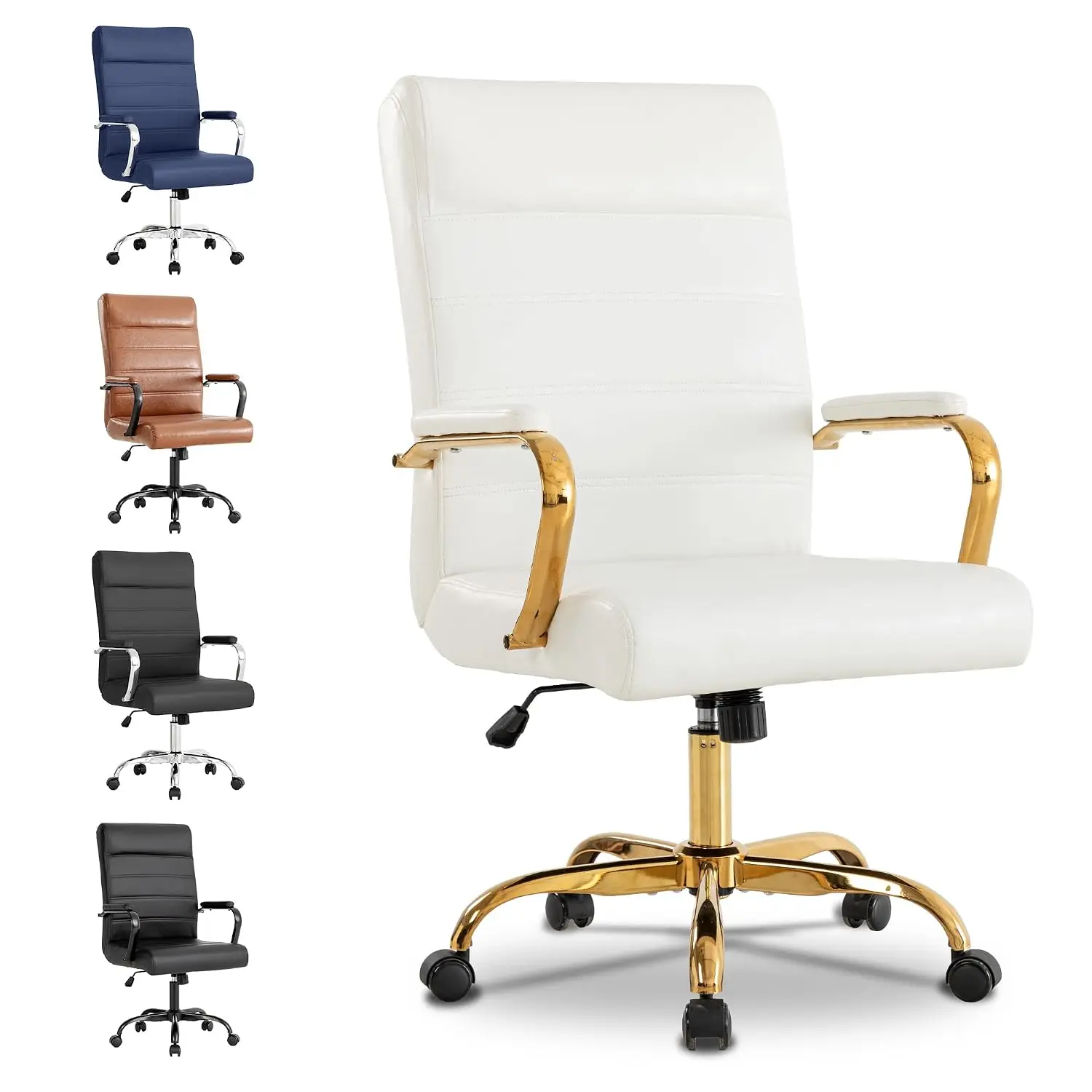 Leather Office Chair,High Back Swivel Executive Chair with Armrest & Padded Seat,Adjustable Height,White/Gold, Customized