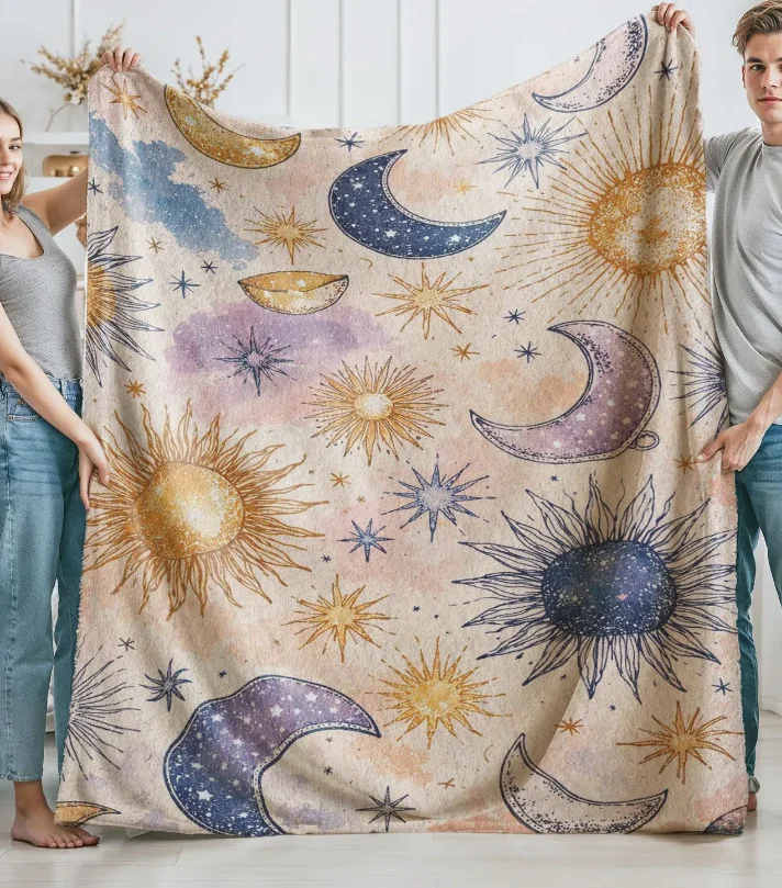 Decke mit Astrologie-Motiv, Sternzeichen, Mond und Sterne, lila Witchcore-Dekor, Gothic-Couchdecke, gemütliches Geschenk – Detail 10