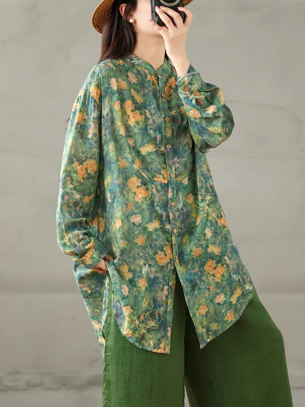 

Artistic Print Cotton Linen irt Long Sve Stand Collar Sun Protection Top Large Size Women's Single Button Spring Faion