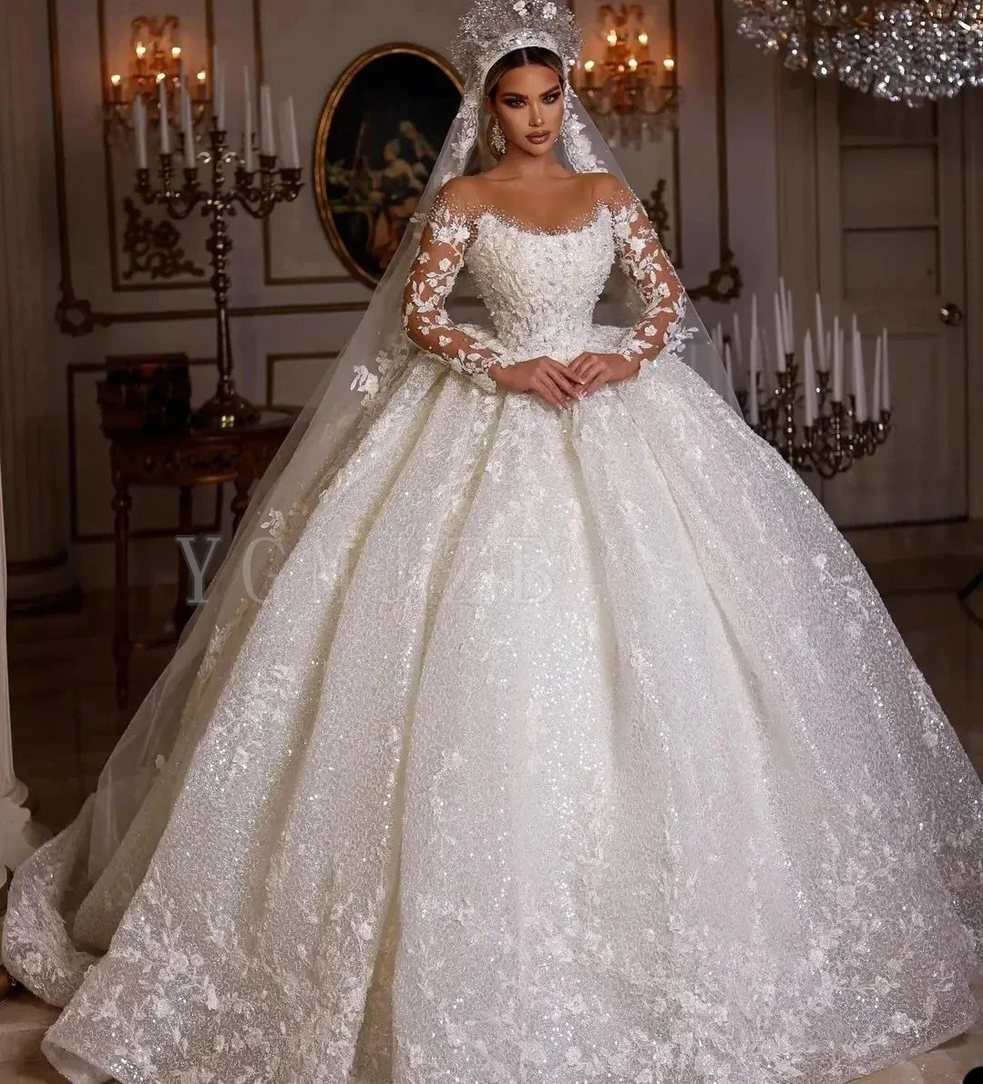 Sparkling Glitter Luxury Princess Wedding Dresses Ball Gown Beads Lace Appliques Plus Size Bridal Gowns Robe De Marie Customized