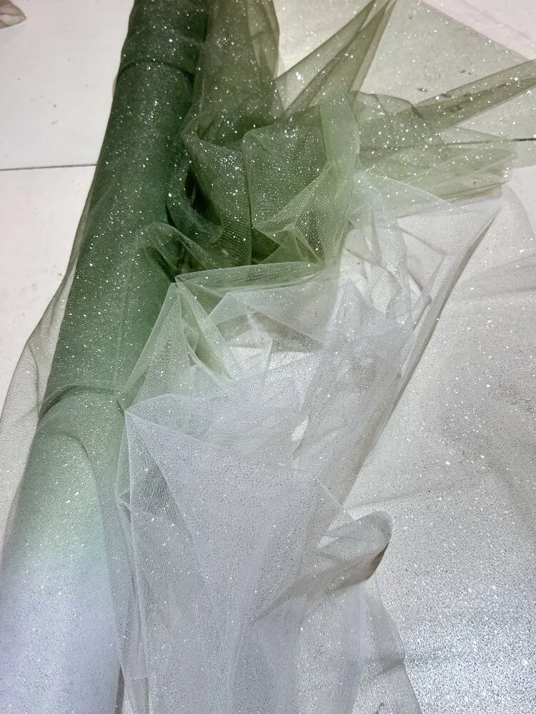 Red Blue Green Gradient Bronzing Spray Silver Glitter See-through Gauzy Gown Fabric Tulle Fabric