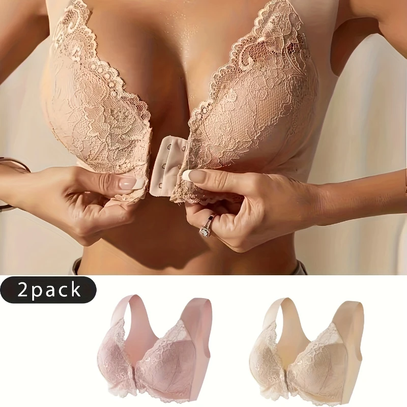 2 Pcs Womens No Steel Ring Front Close Bra Lingerie T Back Seamless Unlined Bra For Large Bust Low Sports Bra Lace Plus Size Bra