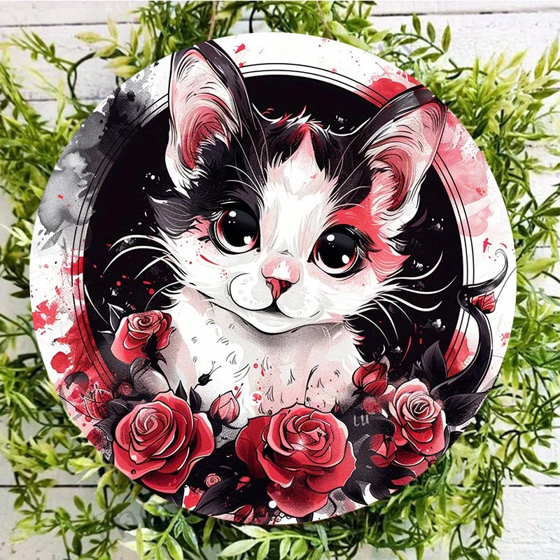 Waterproof Aluminum Cat Art Sign Set, Metal Round Wall Decor, Red Roses and White Cat, Weather-Resistant Door Hanger