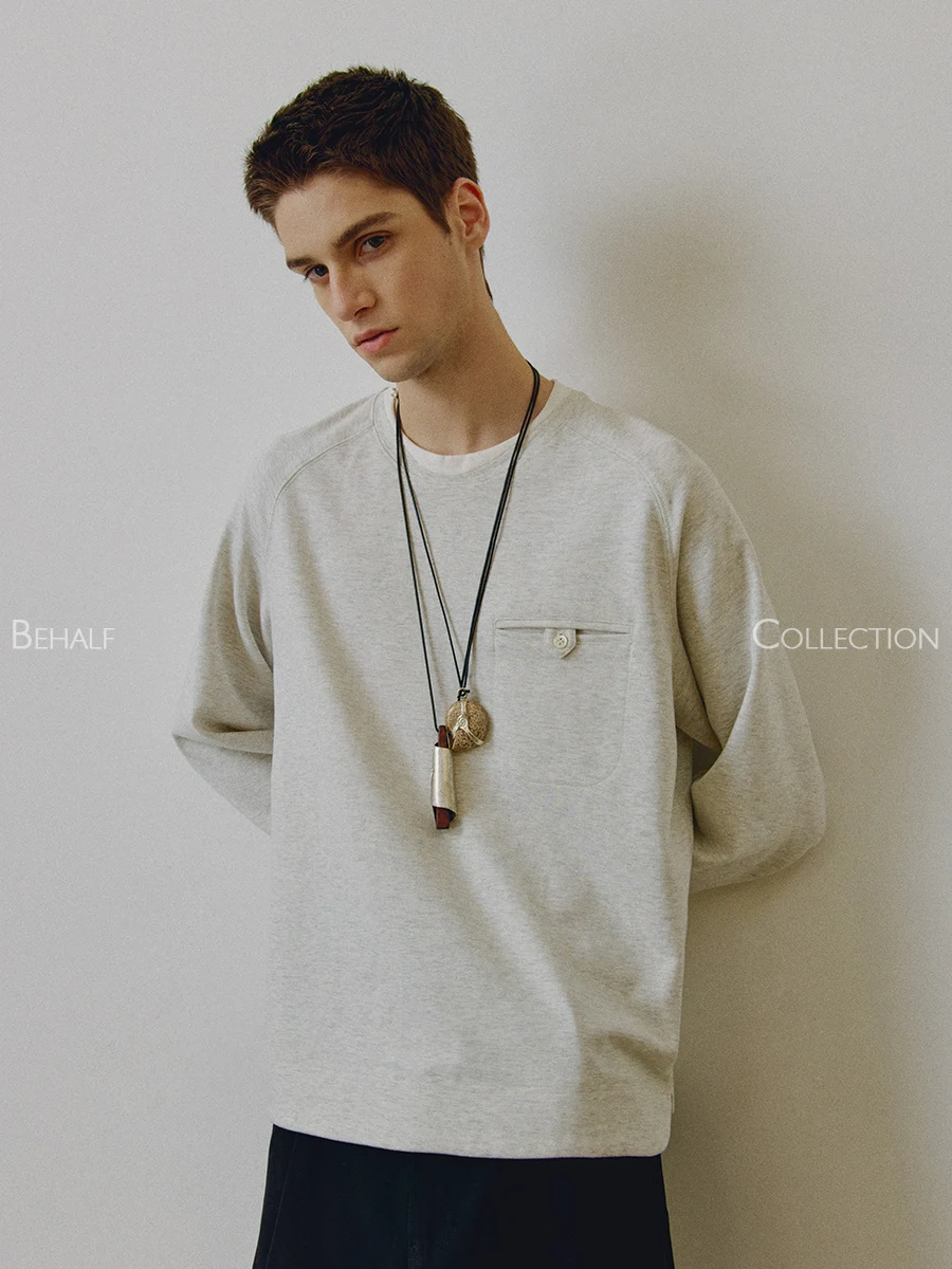 High-End 714street BEHALF Mixed Fiber Cotton Silk Wave Pattern Collar  Button Arc Hem Pocket Long Sleeve Men's T-Shirt
