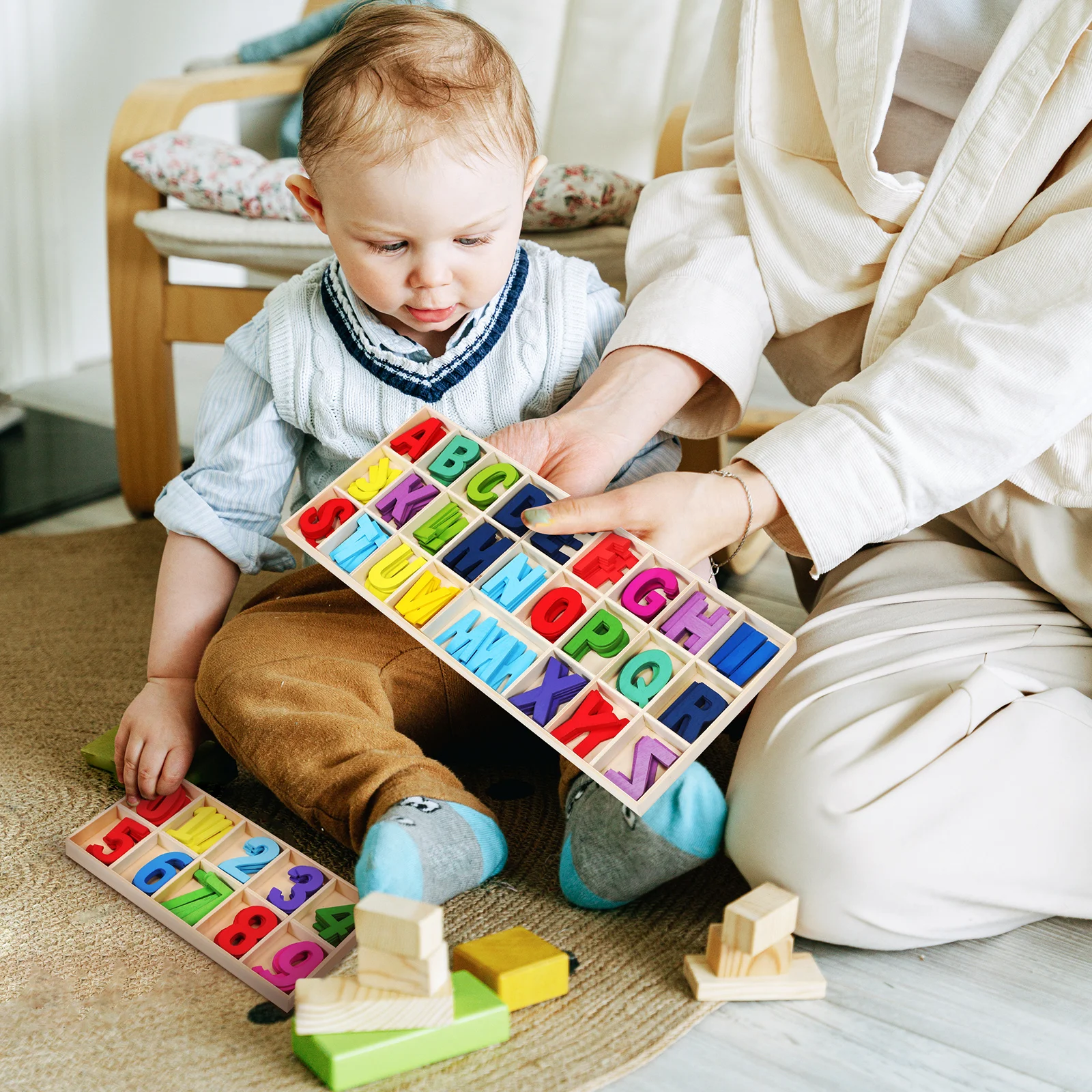 1セットのカラフルな木製文字と数字のスペル練習用早期教育学習ツール、細かく磨かれたブロック、幼稚園向け