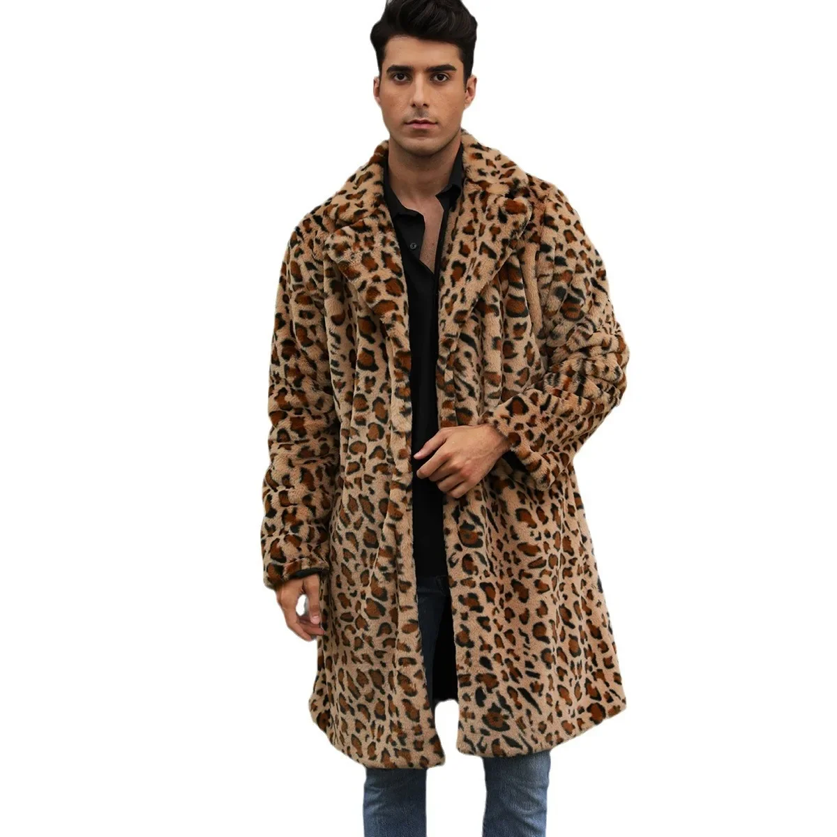 Chaqueta de piel sintética para hombre, de manga larga de leopardo abrigo grueso, abrigos cálidos, ropa de abrigo peluda, chaqueta de piel de lujo,