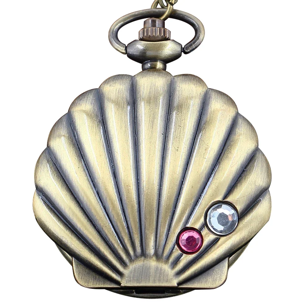 Exquisite Shell Shape Bronze Vintage Time Gem Quartz Pocket Watch Women's Girls Necklace Pendant Clock Relogio Gift