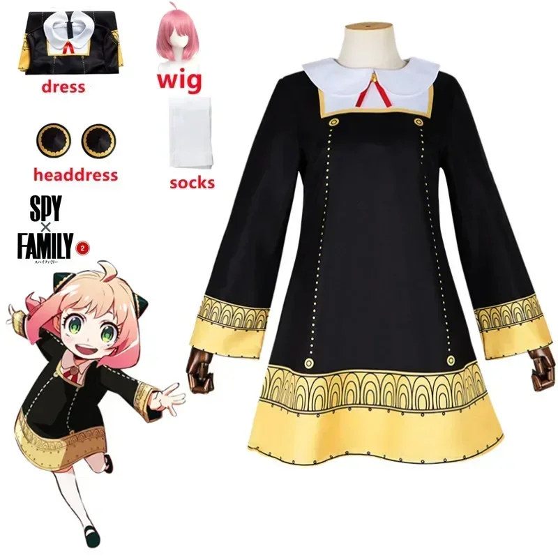 Disfraz de Cosplay falso de la familia espía de Anime Anya para niños pequeños Anya Cospla Kawaii vestido negro ropa de fiesta peluca Halloween mujeres Gir