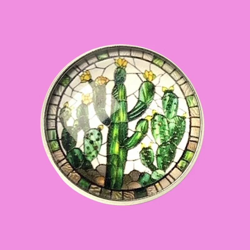 Wholesale Green Alloy Round Time Gem Brooch Stained Glass Dome Cactus Shamrock Bag Pin Botanical Lapel Gift for Plant Enthusiast